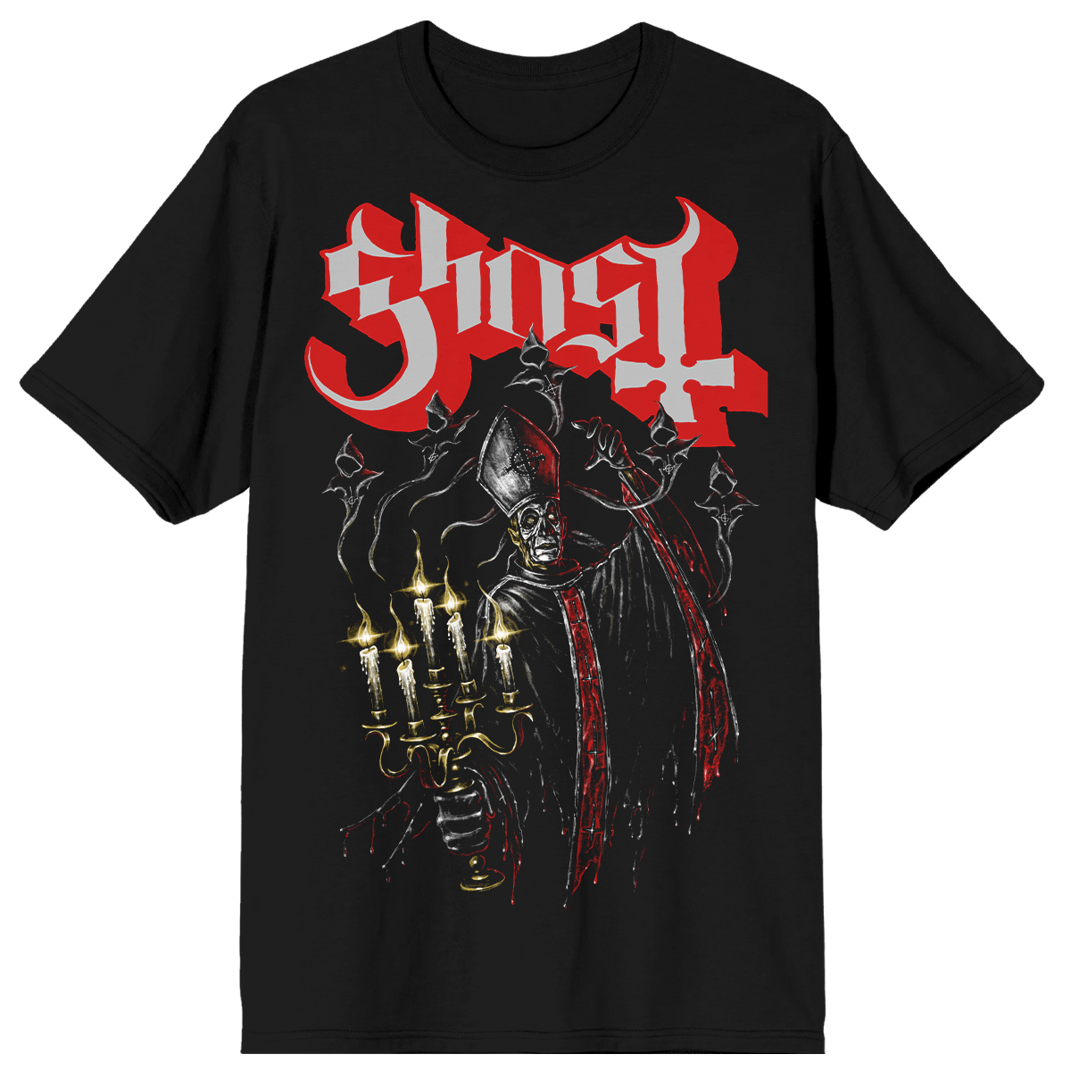 Black t-shirt with 'Ghost' band logo and Haunted Candelabra design