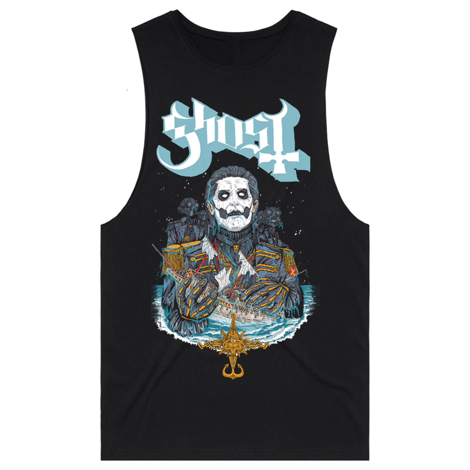 The Ghost sleeveless black tank features a towering Papa dressed as a ship captain clutching a ship, with a crew of ghouls lurking over his shoulders.
