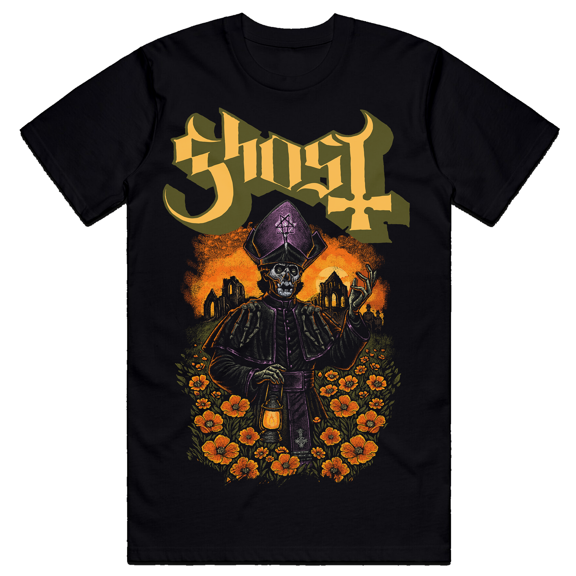 The Ghost, Peacefield T-Shirt features a purple colorful Papa V standing in a field of poppies, lantern in hand, with ruins burning behind him.