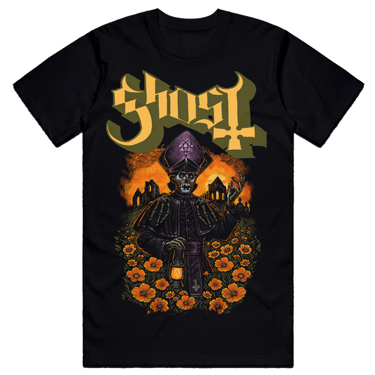 The Ghost, Peacefield T-Shirt features a purple colorful Papa V standing in a field of poppies, lantern in hand, with ruins burning behind him.