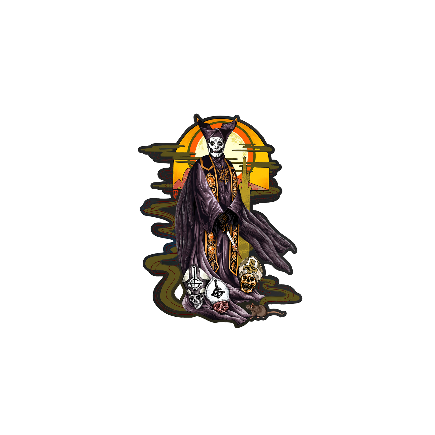 Pay homage to the dark clergy with this striking 11" x 11" Papa Decal, featuring the unmistakable silhouette of Papa Emeritus cloaked in regal robes, framed by an eerie sunset and adorned with the masks of past incarnations.