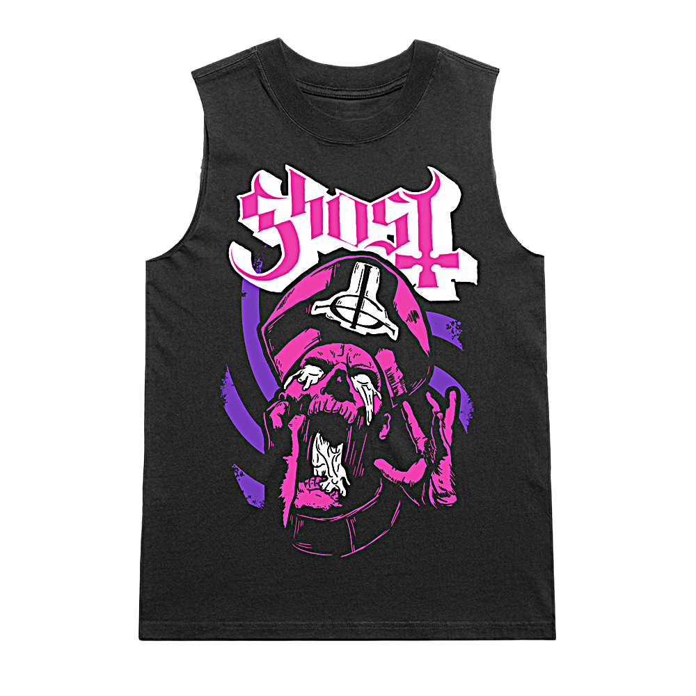 Sleeveless silhouette tank top features a bold graphic of Papa Emeritus surrounded by swirling violet and pink tones.