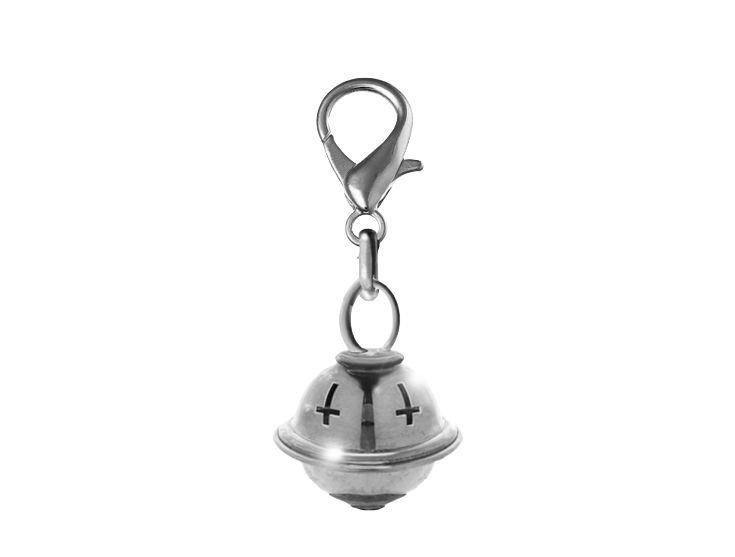 Silver bell charm with a clasp on a white background