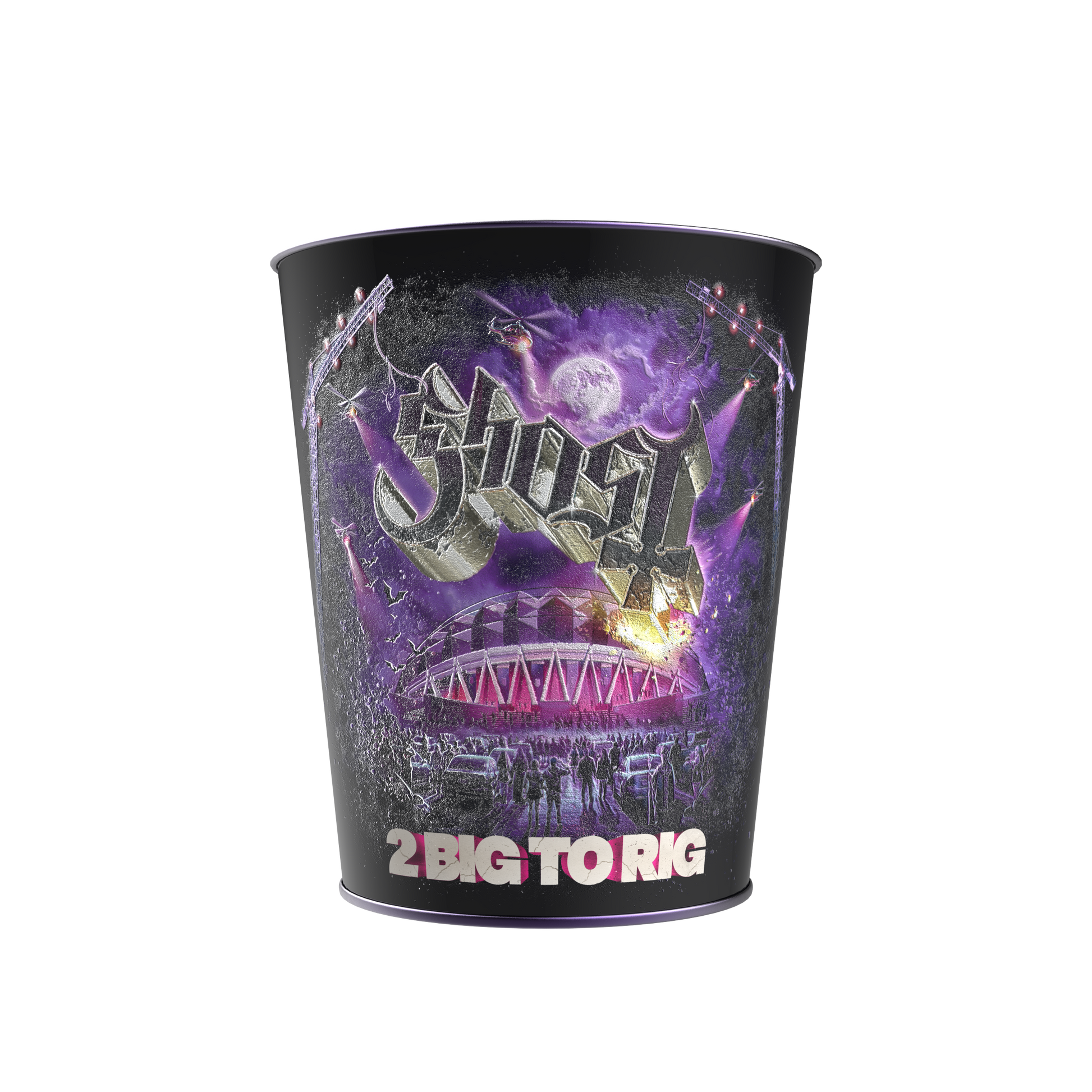 A black metal cup featuring a purple and black graphic design with the band name 'Shout' and the text '2 BIG TO RIG' in white and pink, shown on a plain white background.