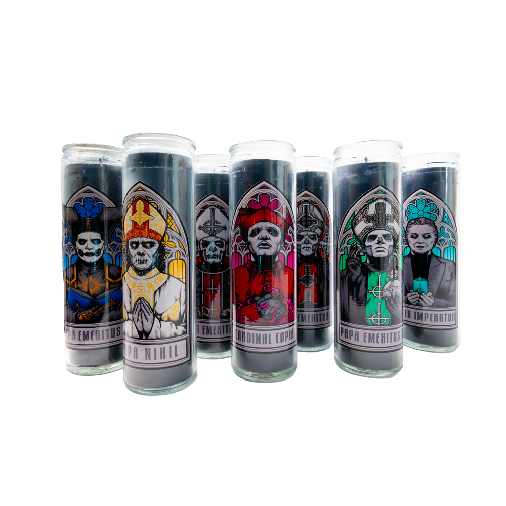 This Ghost Store Exclusive Prayer Candle Set pays tribute to the mystic Sister Imperator, the revered Papas who have transcended, and the majestic Papa IV.