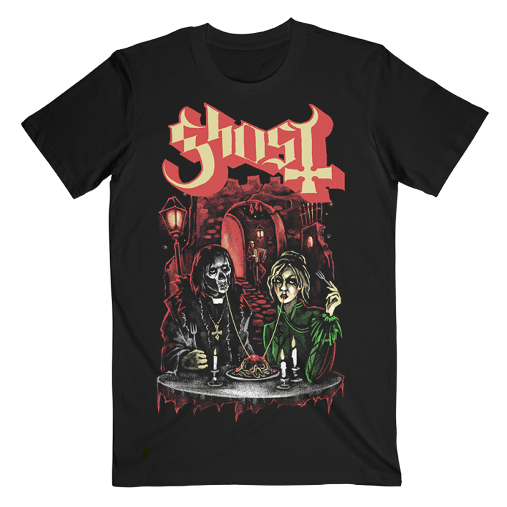 Black t-shirt with graphic design of two figures at a table and the word 'Ghost' above.