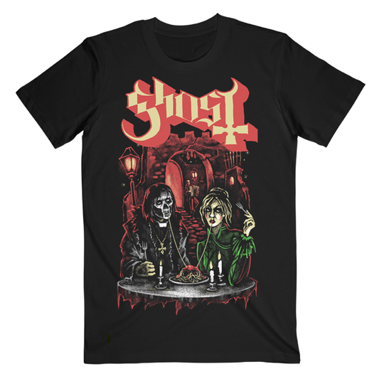 Black t-shirt with graphic design of two figures at a table and the word 'Ghost' above.