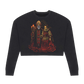 Black crop top with a graphic design of a figure and a candle on a white background