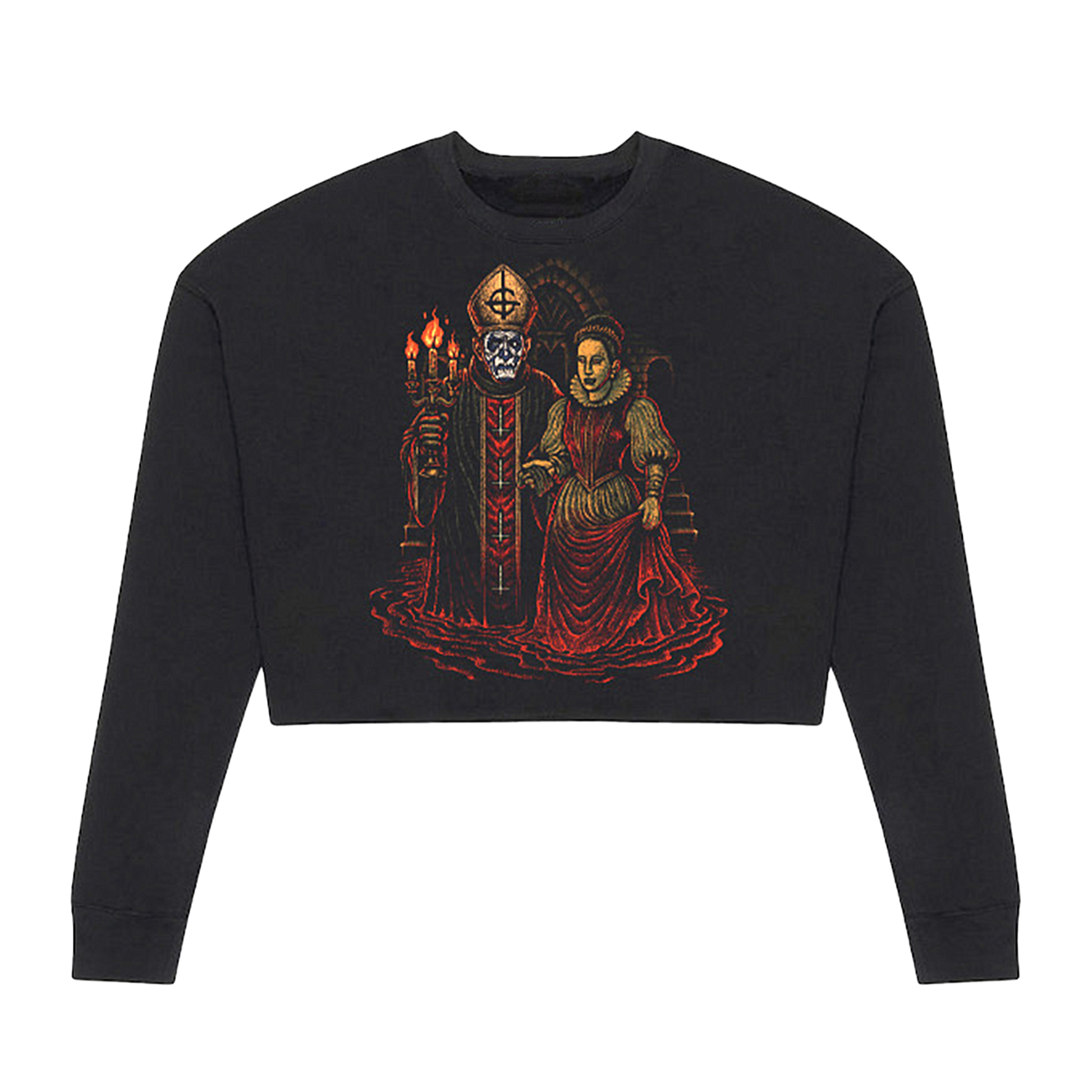 Black crop top with a graphic design of a figure and a candle on a white background