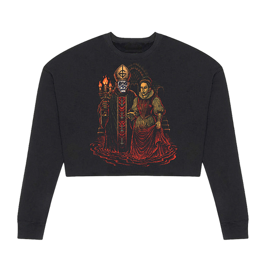 Black crop top with a graphic design of a figure and a candle on a white background