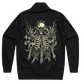 Black jacket with a skeleton design on the back against a white background