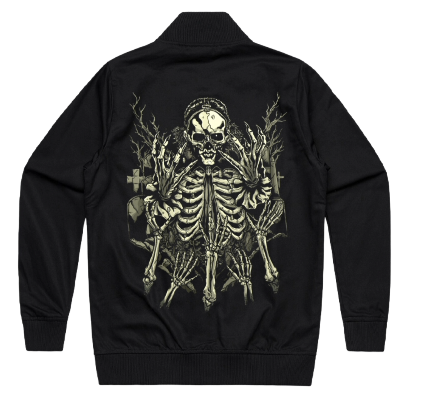 Black jacket with a skeleton design on the back against a white background