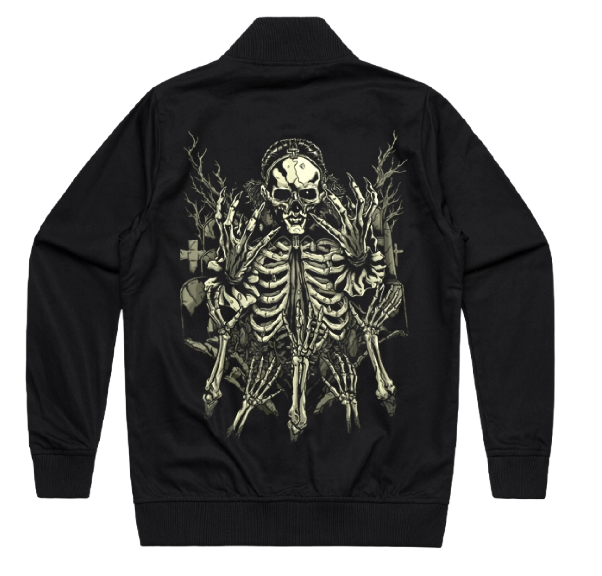 Black jacket with a skeleton design on the back against a white background
