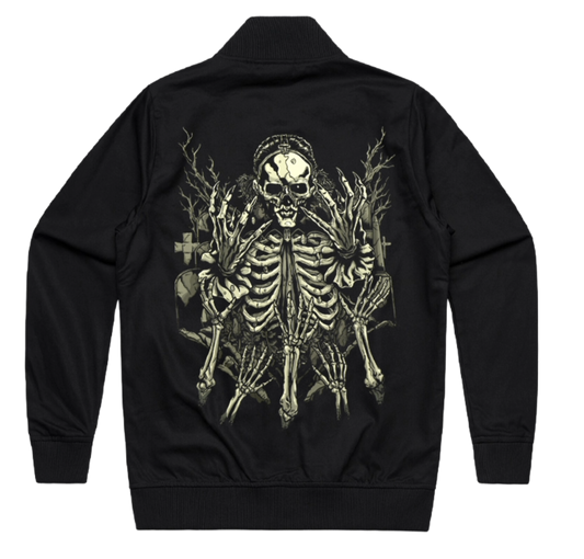 Black jacket with a skeleton design on the back against a white background