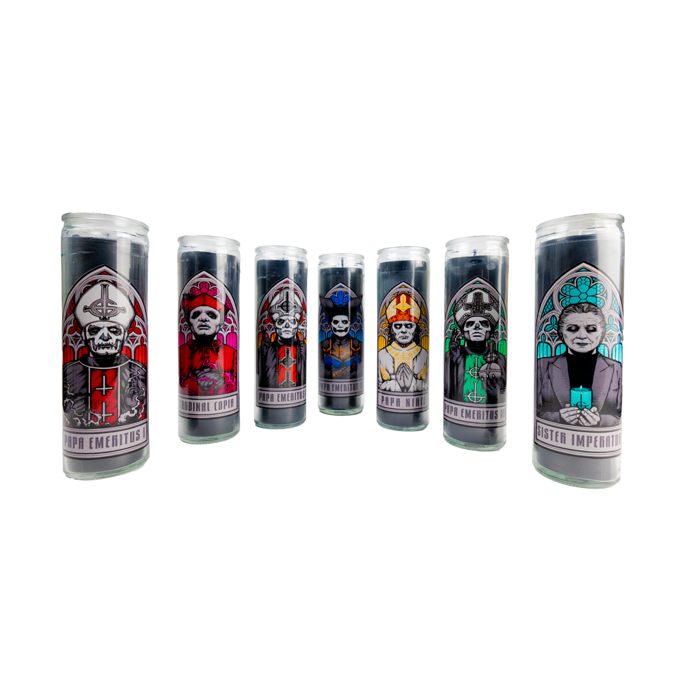 This Ghost Store Exclusive Prayer Candle Set pays tribute to the mystic Sister Imperator, the revered Papas who have transcended, and the majestic Papa IV.