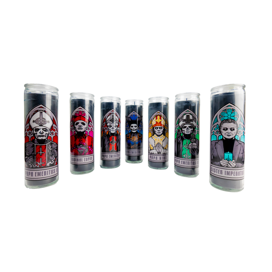 This Ghost Store Exclusive Prayer Candle Set pays tribute to the mystic Sister Imperator, the revered Papas who have transcended, and the majestic Papa IV.