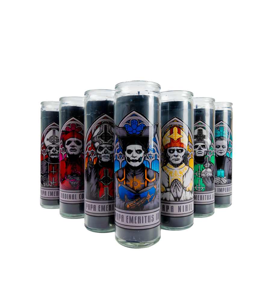 This Ghost Store Exclusive Prayer Candle Set pays tribute to the mystic Sister Imperator, the revered Papas who have transcended, and the majestic Papa IV.