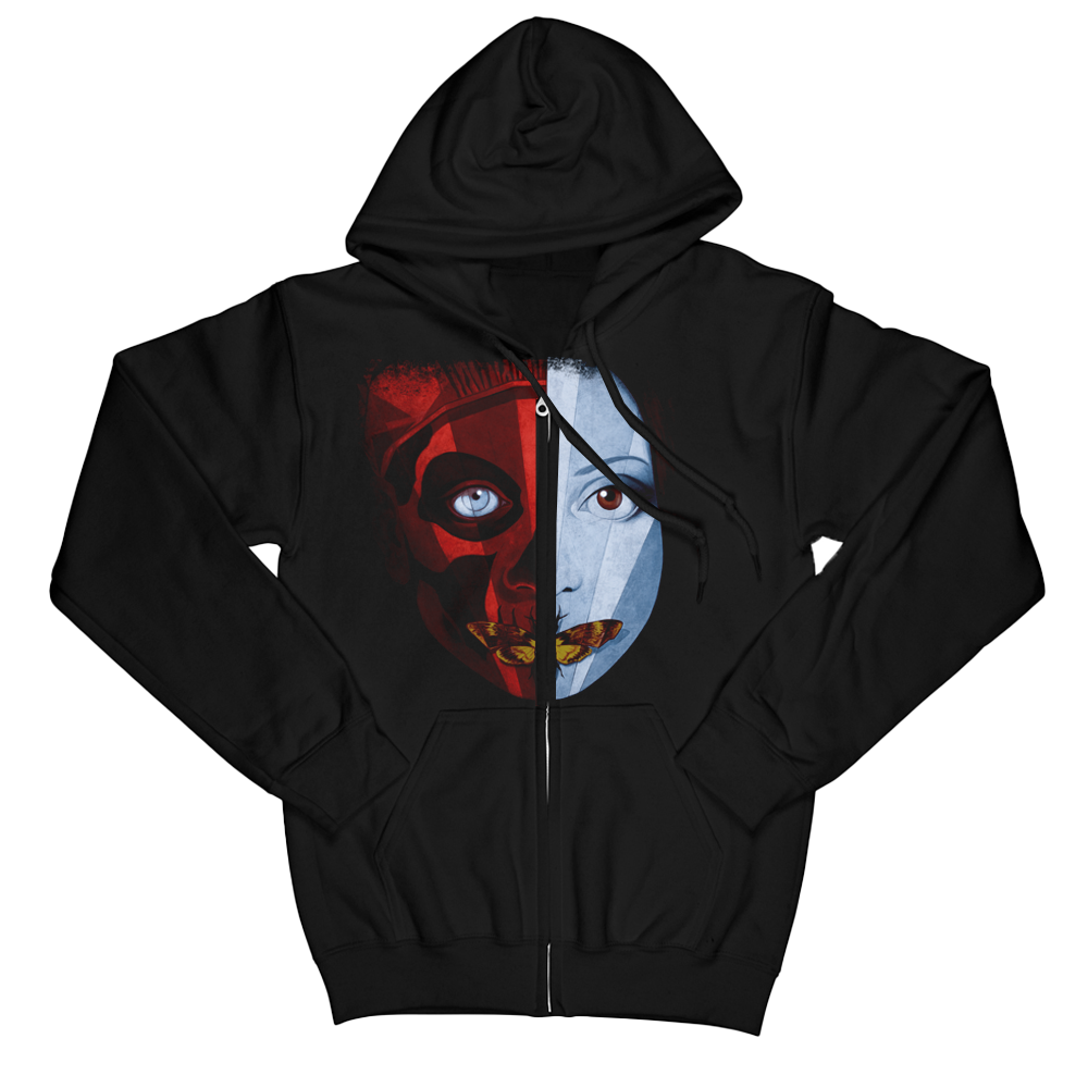 Black hoodie with a face design split into red and blue halves on a white background