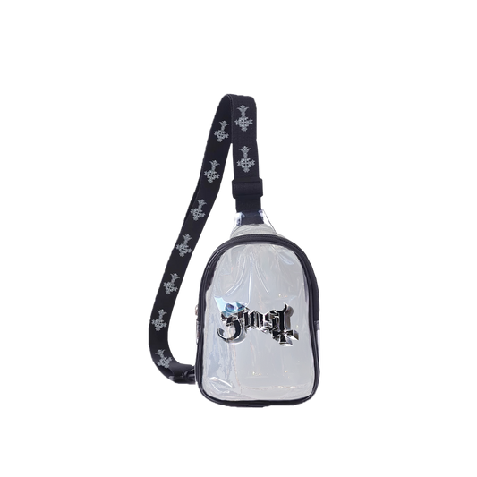 Clear dog muzzle with black strap and 'Ghost' logo on a white background