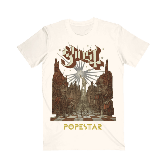 An off-white crewneck t-shirt featuring a detailed graphic print of the band Ghost's 'Popestar' album artwork, displayed on a clean white background.
