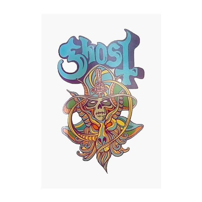 Add a splash of color and a dose of mysticism to your collection with this GOAT 69 Psychedelic Decal. Featuring an intricate, vividly vibrant design of a menacing goat skull adorned with flowing details and the signature Ghost logo in bold purples and blues.