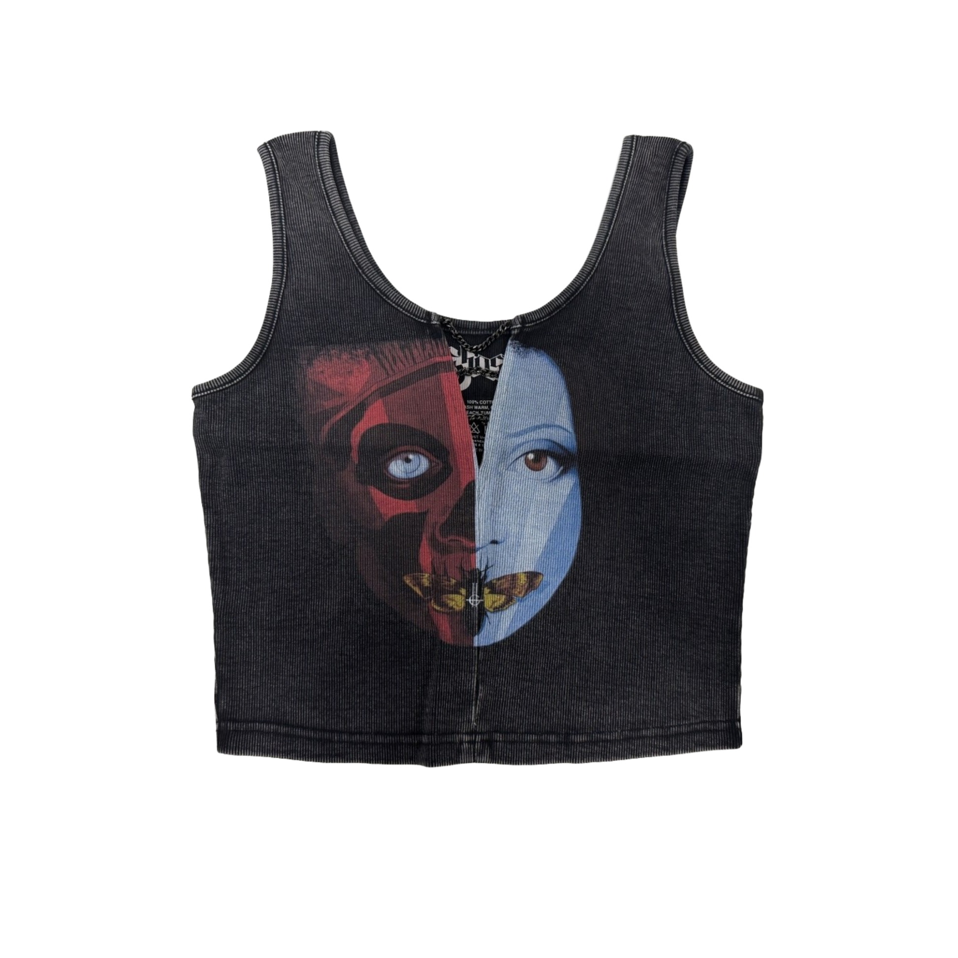 Black tank top with a face design on a white background