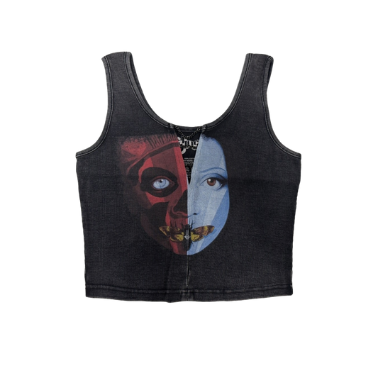 Black tank top with a face design on a white background