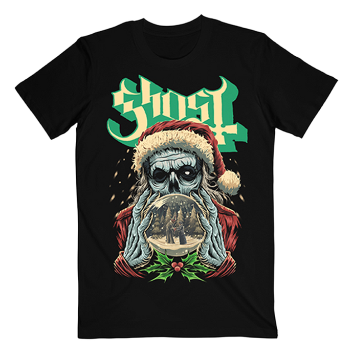 The Ghost Snowglobe Tee brings a chilling twist to holiday cheer, featuring a haunting snowglobe with Papa Emeritus IV presiding over a wintry scene. Perfect for fans who prefer their festive season with a side of darkness, this tee blends eerie charm with holiday spirit.