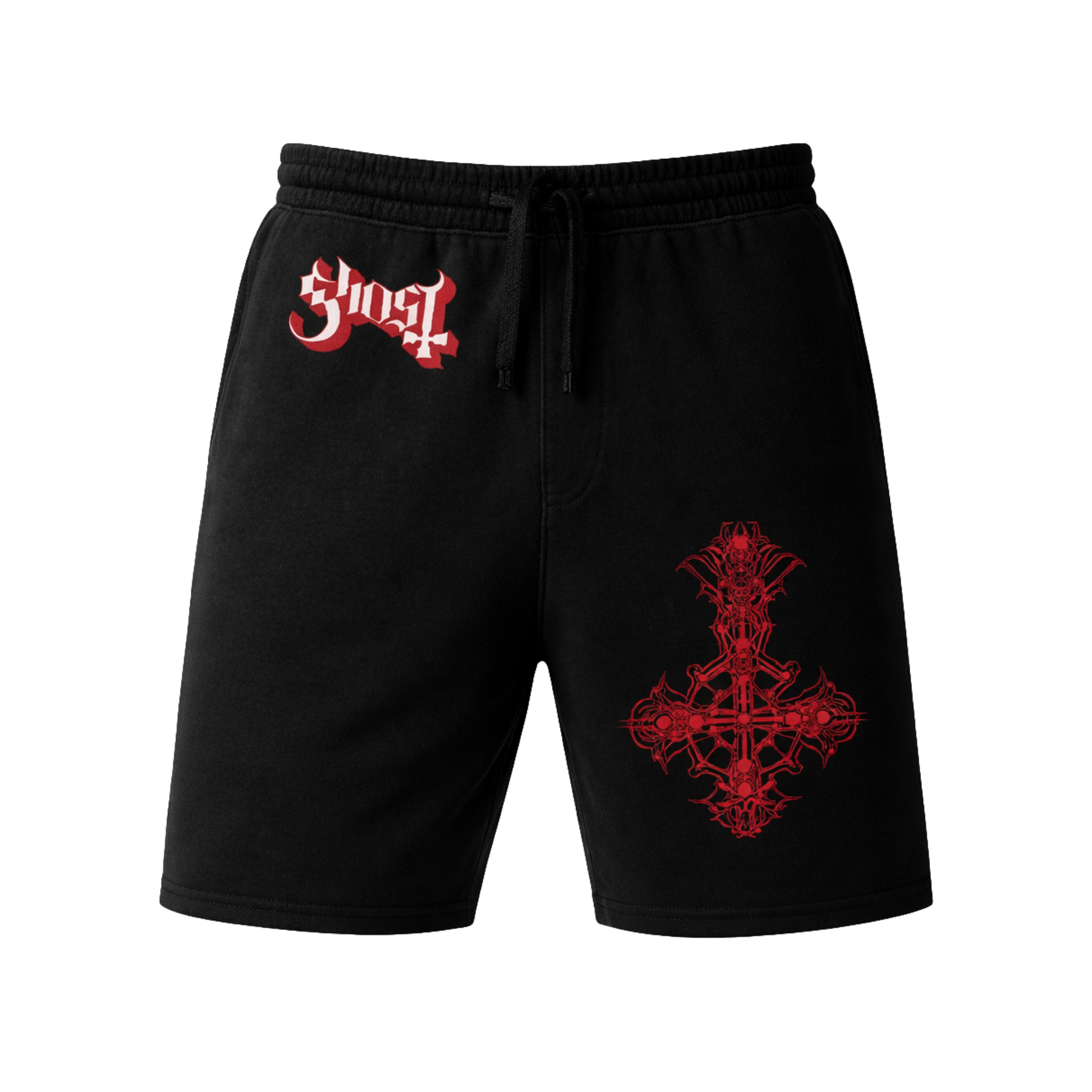 Black shorts with red graphic design on a white background