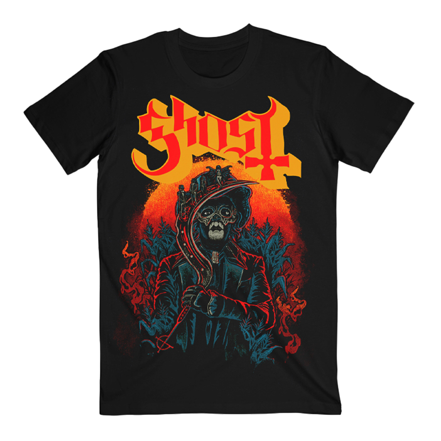 Black t-shirt with a graphic design featuring a character and 'Ghost' logo on a white background