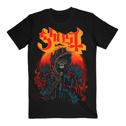 Black t-shirt with a graphic design featuring a character and 'Ghost' logo on a white background