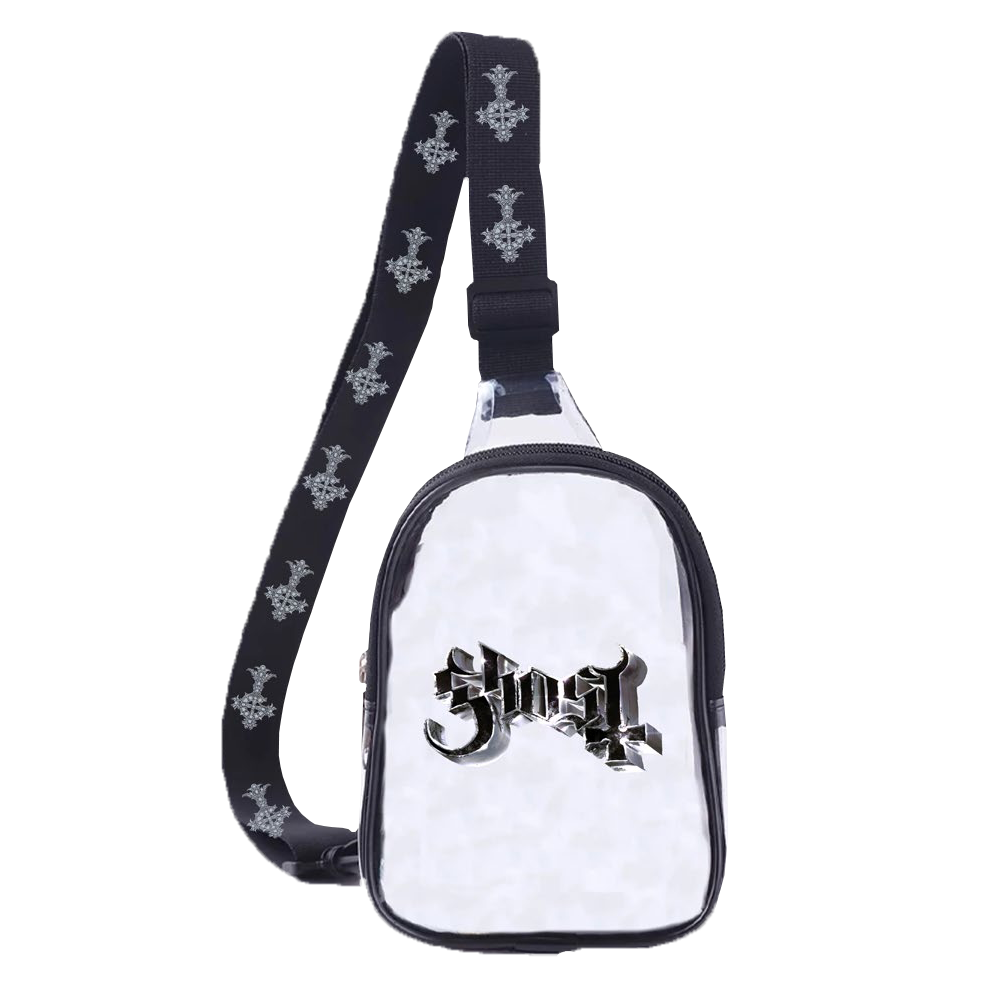 A clear sling bag with a bold silver foil Ghost logo, featuring an adjustable strap with a Skeletá cross pattern and black trim.