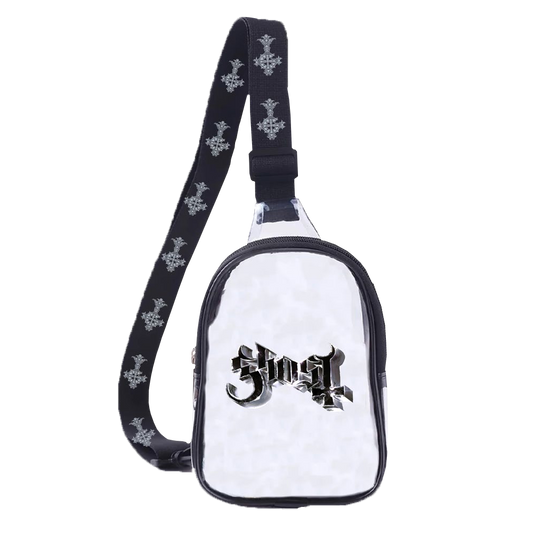 A clear sling bag with a bold silver foil Ghost logo, featuring an adjustable strap with a Skeletá cross pattern and black trim.
