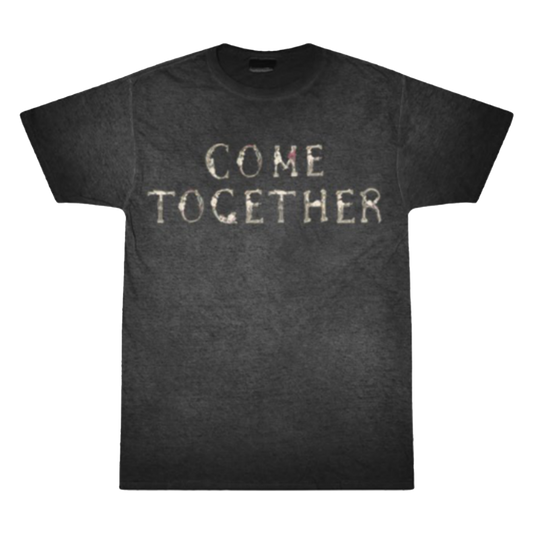 Black t-shirt with 'COME TOGETHER' text on a white background