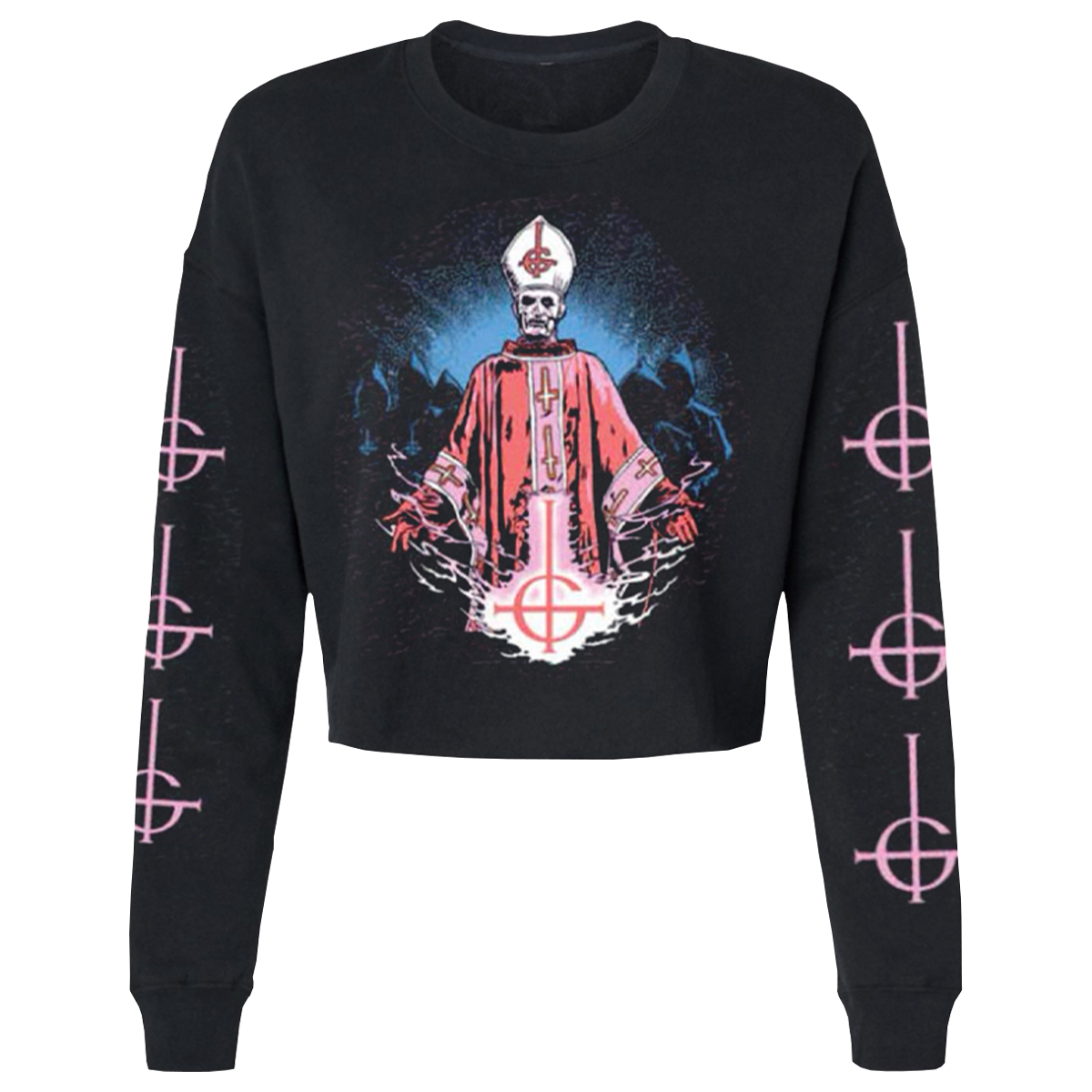 Channel the mystique of Ghost with this one-of-a-kind cropped crewneck featuring Papa Emeritus I, accented with pink Grucifixes. Comfort and style, perfect for layering or standing out on its own.

80/20 Cotton/ Polyester
Split-Stitched double-needle sewing