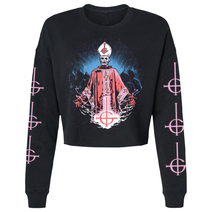 Channel the mystique of Ghost with this one-of-a-kind cropped crewneck featuring Papa Emeritus I, accented with pink Grucifixes. Comfort and style, perfect for layering or standing out on its own.

80/20 Cotton/ Polyester
Split-Stitched double-needle sewing