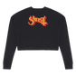 Black cropped sweatshirt with orange and red graphic on a white background