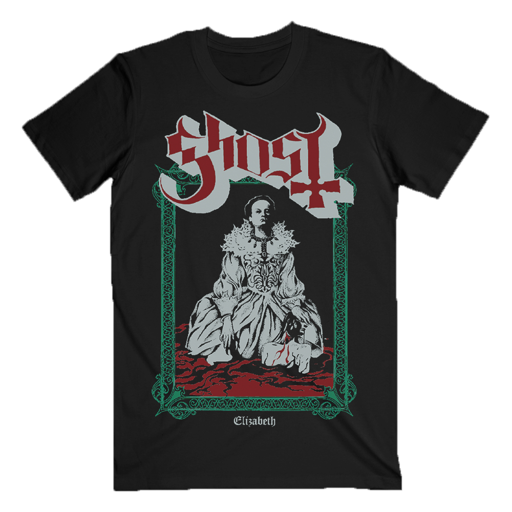 Black t-shirt with a graphic design of a woman in a decorative frame and 'Ghost' logo on a white background.