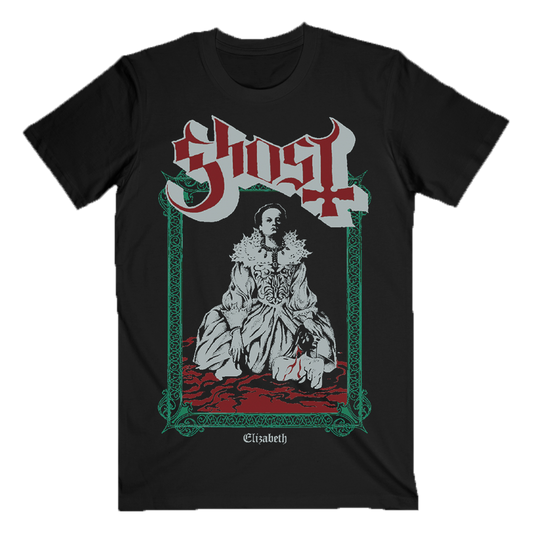 Black t-shirt with a graphic design of a woman in a decorative frame and 'Ghost' logo on a white background.