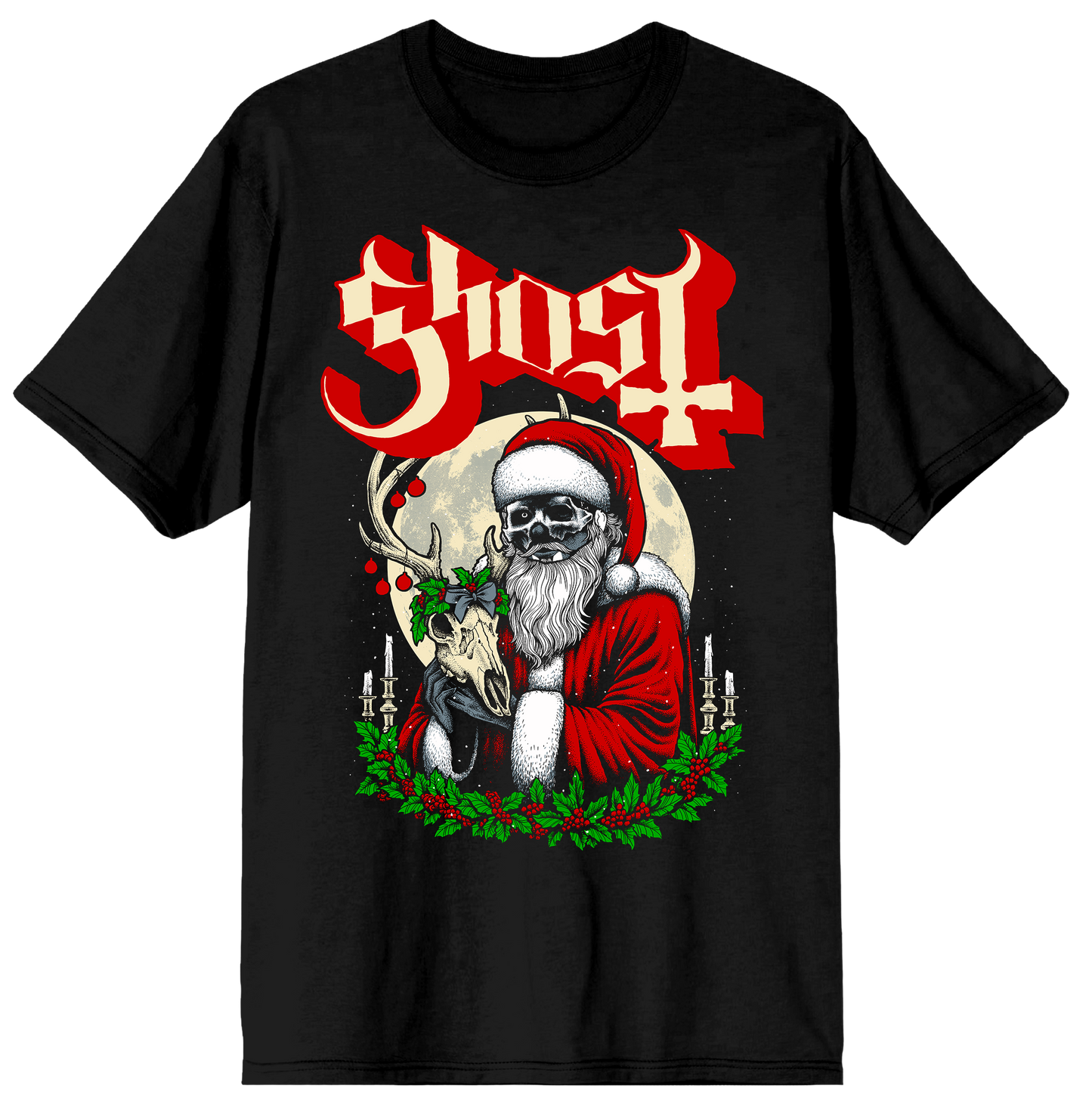 Black t-shirt with a graphic design featuring Santa Claus, a skull, and the word 'Ghost' on a white background.