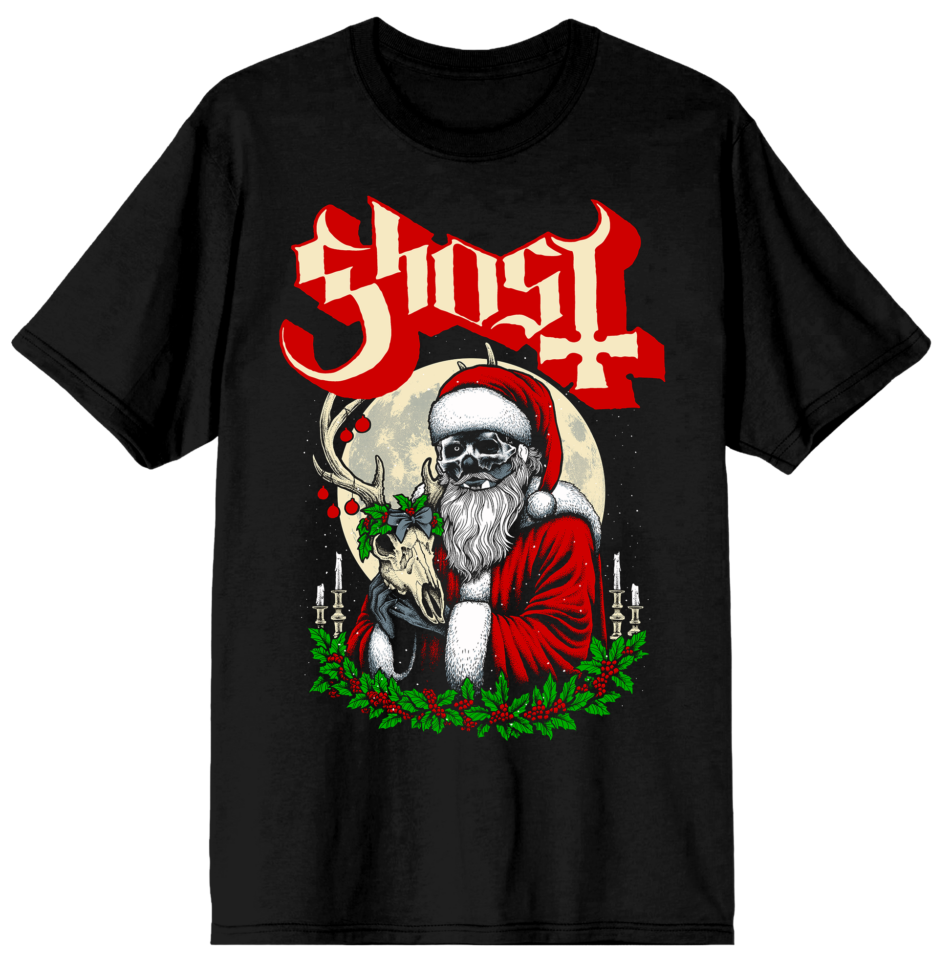 Black t-shirt with a graphic design featuring Santa Claus, a skull, and the word 'Ghost' on a white background.