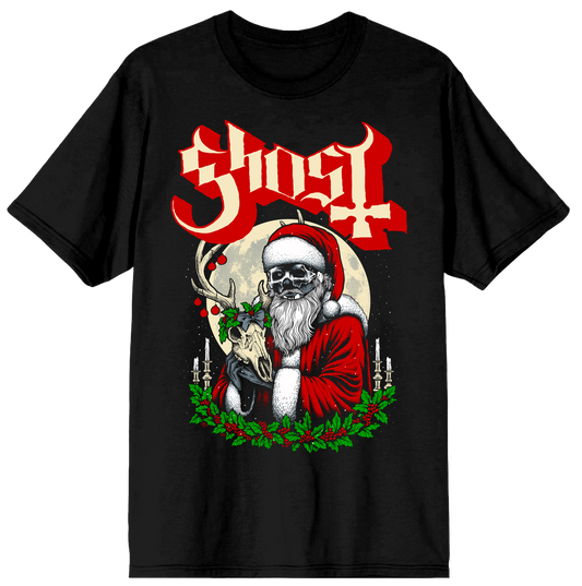 Black t-shirt with a graphic design featuring Santa Claus, a skull, and the word 'Ghost' on a white background.