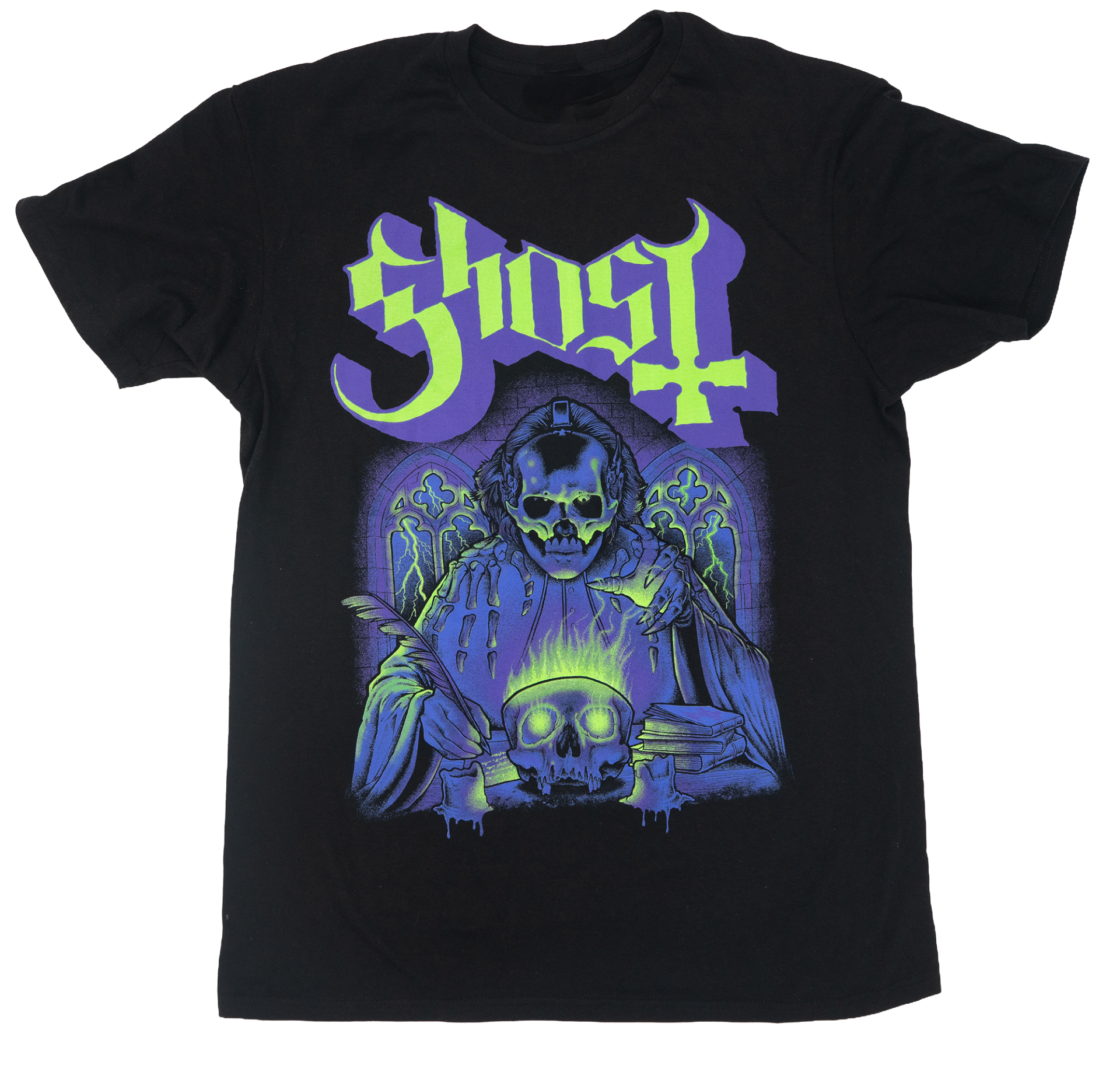 Black t-shirt with a graphic design featuring a skeleton and the word 'Ghost' in purple and green.