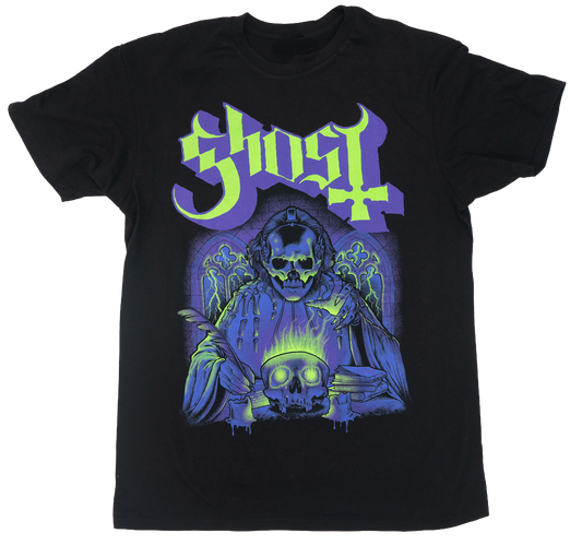 Black t-shirt with a graphic design featuring a skeleton and the word 'Ghost' in purple and green.