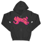 Black hoodie with colorful graphic design on a white background