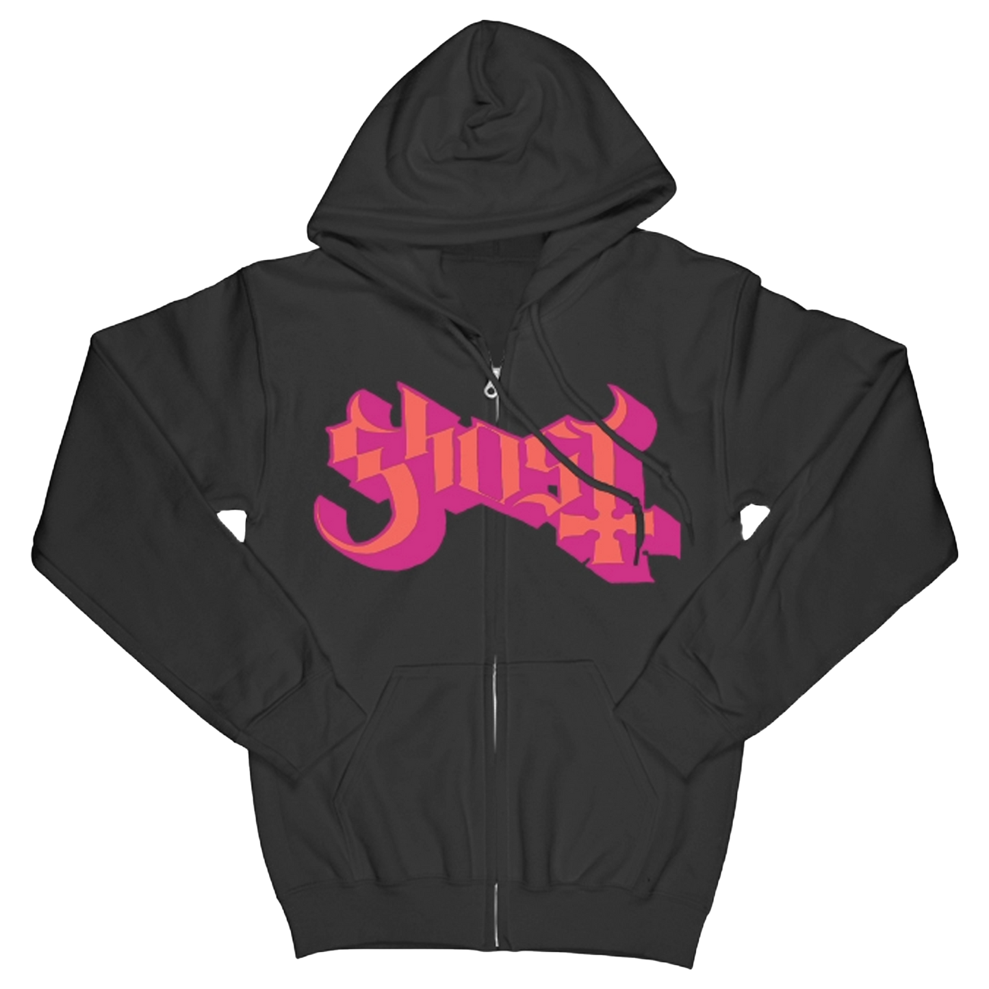 Black hoodie with colorful graphic design on a white background