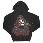 Black hoodie with a colorful skull and floral design on the back against a white background