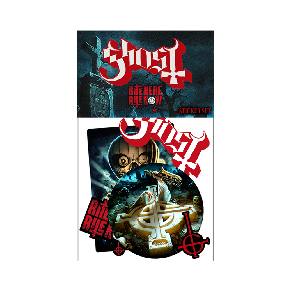 Ghost's "Rite Here, Rite Now" exclusive sticker set! Featuring iconic artwork inspired by the band’s latest cinematic experience, each sticker captures the essence of their theatrical live performances, filled with dark rituals, haunting imagery, and electrifying energy.