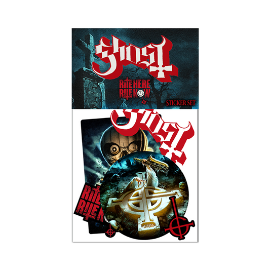 Ghost's "Rite Here, Rite Now" exclusive sticker set! Featuring iconic artwork inspired by the band’s latest cinematic experience, each sticker captures the essence of their theatrical live performances, filled with dark rituals, haunting imagery, and electrifying energy.