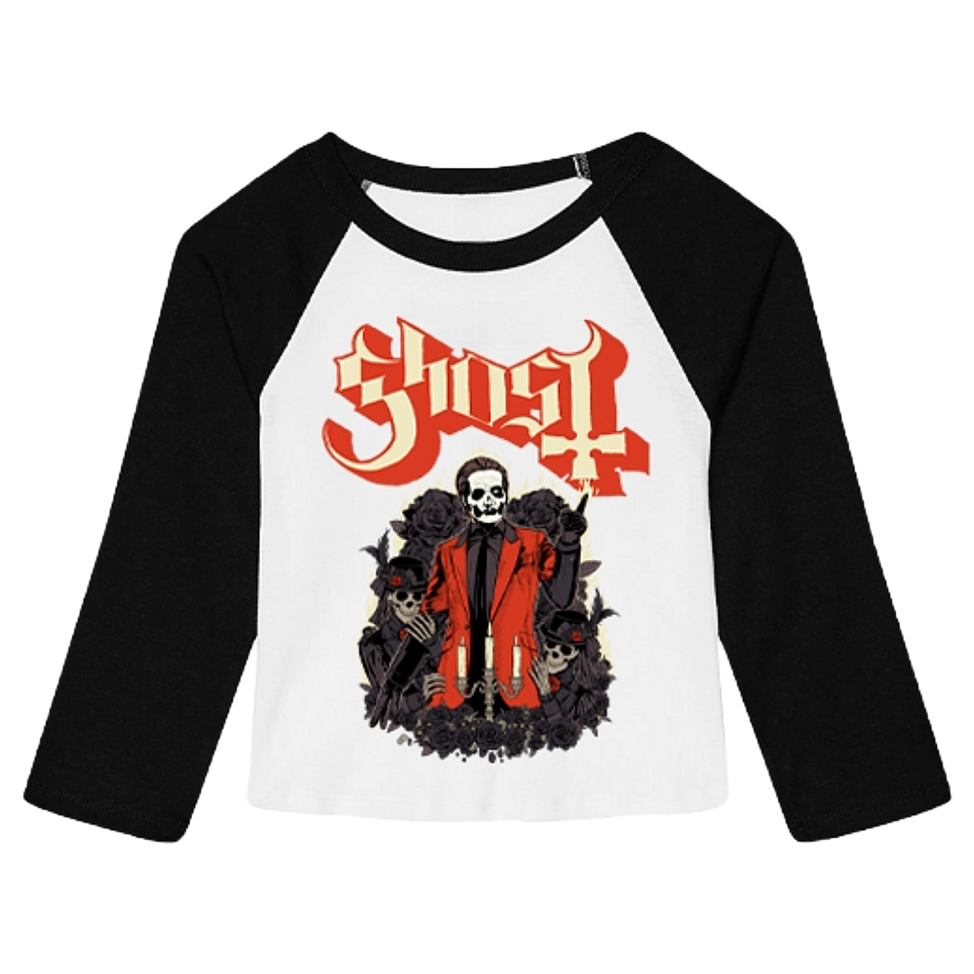A 3/4 sleeve raglan baseball t-shirt featuring the band 'Ghost' logo in red and black above a graphic of a skeleton in a red suit.